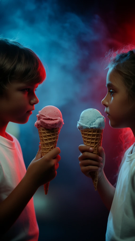 Two children face each other in profile, holding ice cream cones. The boy holds a pink scoop; the girl a pale blue one. Both wear white shirts. Dramatic neon blue and red lighting illuminates them against a moody, smoke-filled cinematic background with shallow depth of field.