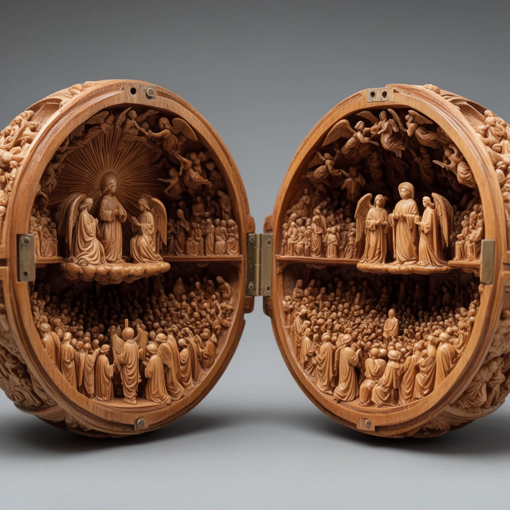 open carved wooden sphere, two hinged hemispherical halves, extreme micro-sculpture, dense crowds of tiny figures in multi-tiered scenes, angels, radiant subjects, light brown wood, macro photography, neutral grey background