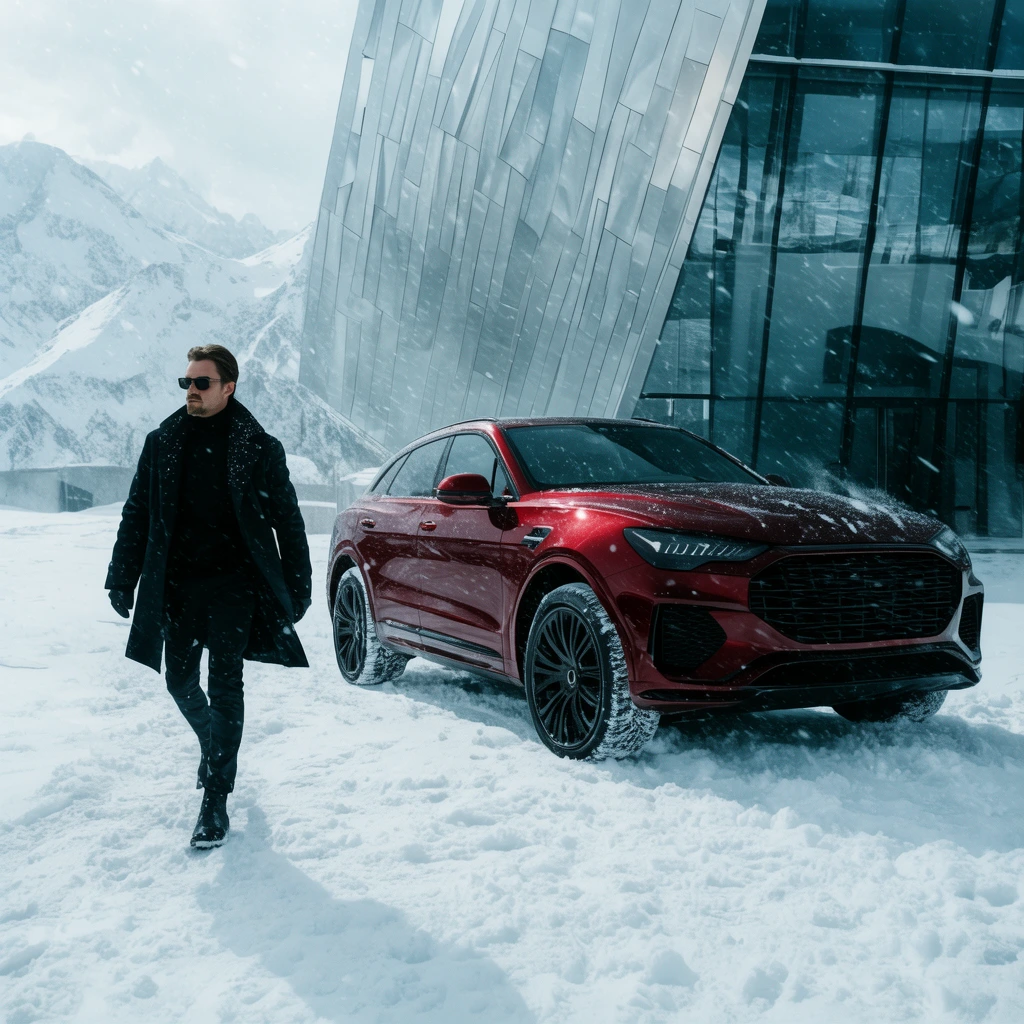 dark red luxury SUV in heavy snow, man in dark winter coat and sunglasses walking left, modern metal and glass building, snowy mountains, cinematic wide shot