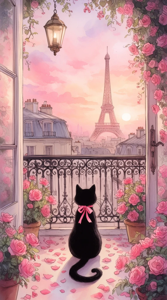 A black cat with a pink ribbon sits viewed from behind on a balcony, gazing at a Parisian cityscape at sunset. Its curled tail rests on a floor scattered with pink rose petals. An ornate wrought-iron railing overlooks buildings with classic mansard roofs and chimneys. The Eiffel Tower rises above a hazy sky of soft pink, peach, and lavender clouds, illuminated by a pale, low sun. The balcony is framed by an open doorway, a hanging vintage lantern, and abundant blooming pink roses in pots and vines. The whimsical digital illustration features a watercolor and ink aesthetic, luminous lighting, delicate linework, and a romantic pastel color palette.