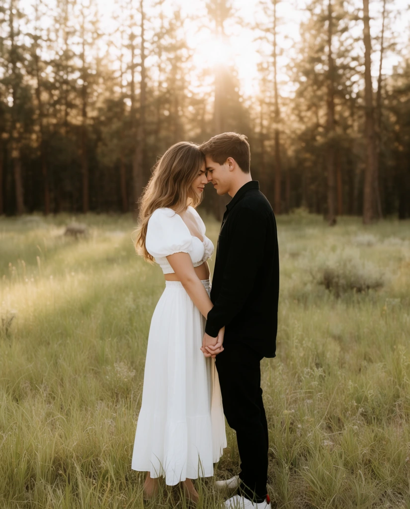 romantic couple touching foreheads in a grassy meadow, woman in a white two-piece dress holding hands with a man in black attire, dense pine forest background, golden hour backlighting, soft sun flare, warm portrait photography