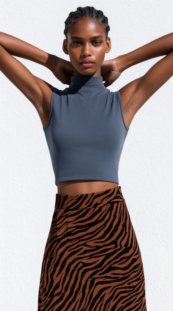 A dark-skinned fashion model with braided hair wearing a slate-grey sleeveless mock-neck crop top and a high-waisted brown and black zebra-print skirt. Her arms are gracefully raised behind her neck against a textured white wall under bright, direct studio lighting casting sharp shadows.