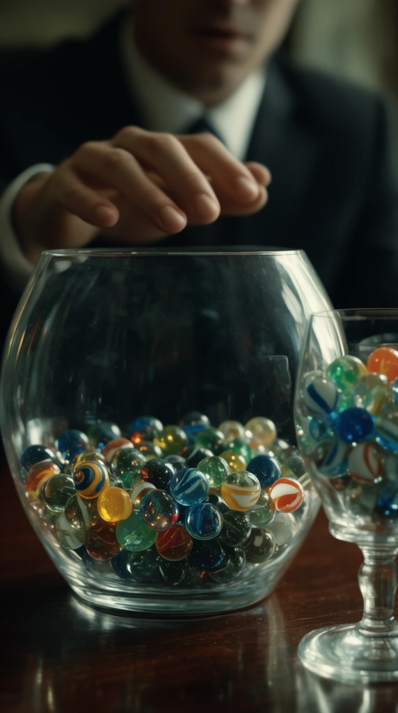 large clear glass bowl containing colorful marbles on dark wooden table, out of focus person in dark suit reaching above it, glass goblet with marbles to the right, shallow depth of field, cinematic lighting