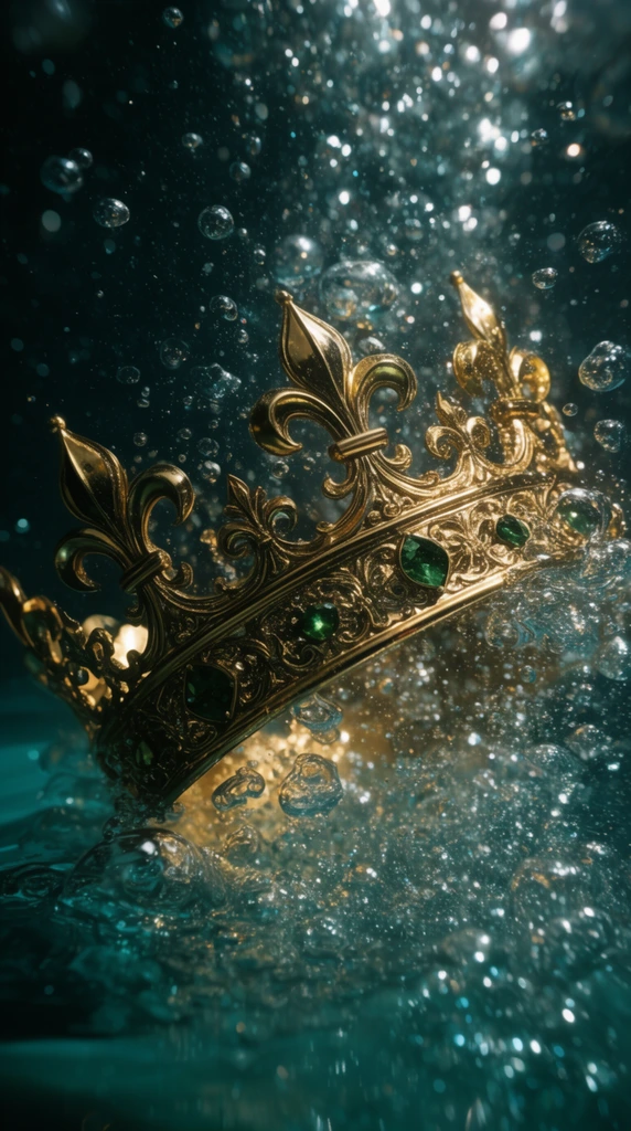 An ornate golden crown featuring intricate fleur-de-lis motifs and green gemstones plunges into deep teal water amidst a chaotic explosion of sparkling air bubbles. High-speed macro photography and dramatic cinematic lighting highlight the gleaming metallic filigree and brilliantly illuminated droplets against a dark, moody background.