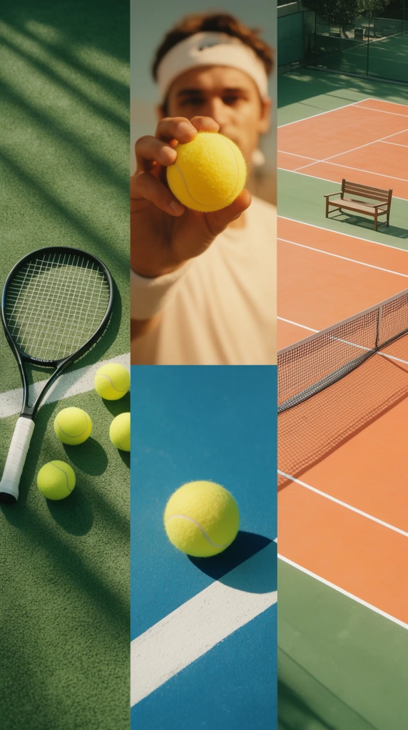 collage of four tennis-themed images, left vertical panel showing a black tennis racket with white grip lying diagonally on a green textured court surface with white boundary line, four bright yellow tennis balls scattered nearby, strong diagonal shadows casting across the scene, top middle square panel featuring a close-up of a hand holding a vibrant yellow tennis ball towards the camera, the blurred face of a male player wearing a white headband in the background, warm vintage lighting, bottom middle square panel displaying a single yellow tennis ball resting on a bright blue court surface near a thick white boundary line, diagonal composition, deep shadow cast by the ball, right vertical panel capturing a high-angle view of an empty tennis court, segmented into orange and green playing areas with white lines, a black net stretching across the middle, a small wooden bench positioned at the sideline, bright daylight illumination, clear crisp shadows, cohesive sports aesthetic, vibrant color palette of green, blue, orange, and yellow.