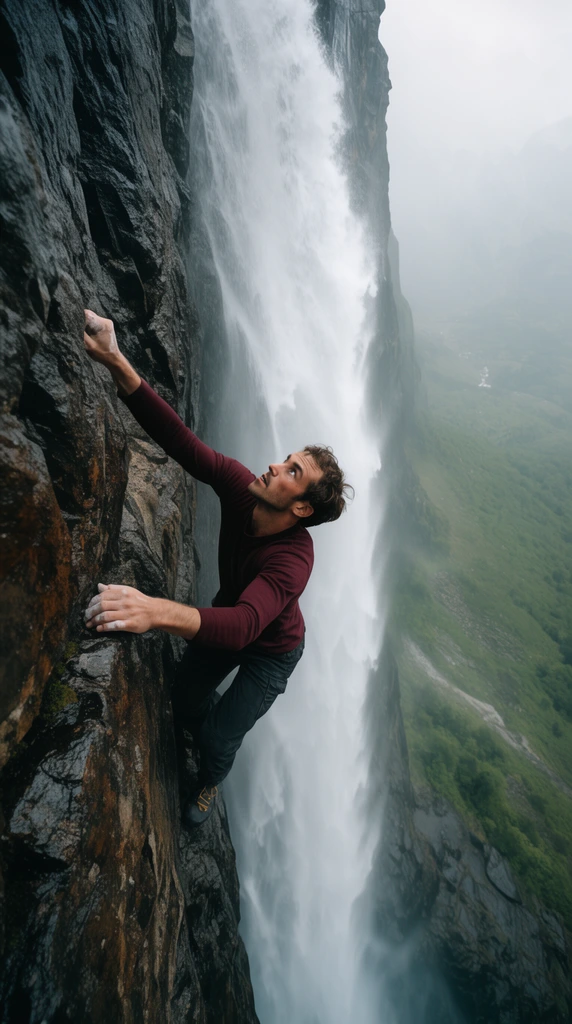 A male climber scales a sheer vertical cliff directly beside a massive plunging waterfall. Gripping small stone edges, the man in a maroon shirt and dark trousers looks upward. The wide-angle shot contrasts dark wet rock textures with the bright white cascade, towering high above a vast misty green valley.