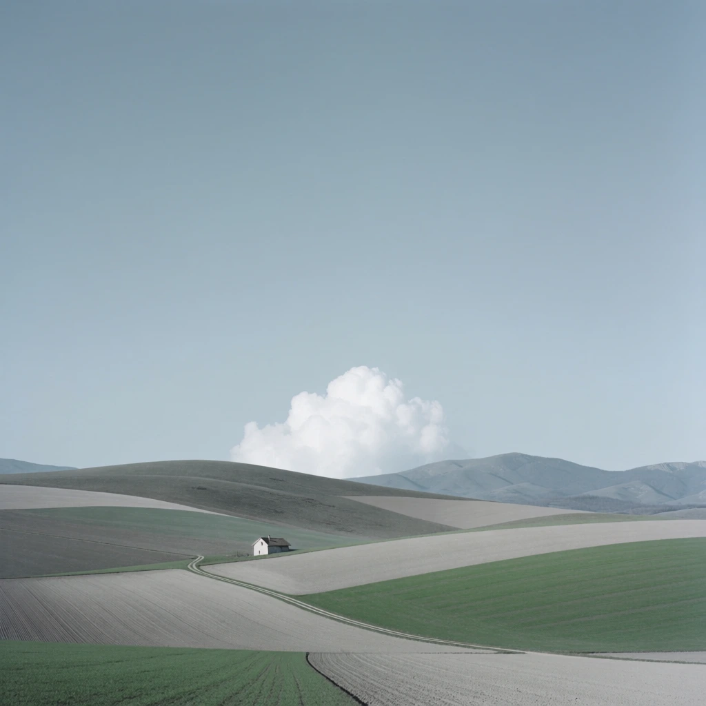 minimalist rural landscape, rolling hills, verdant fields, winding dirt path, clean geometric composition, soft desaturated blue sky, muted color palette, sharp focus, surrealist conceptual aesthetic, high-key lighting, soft diffuse shadows, flat and smooth textures, vertical frame, serene atmosphere, a single dense white cloud perfectly aligned with a ridge, clean lines, professional digital photography style, hyper-clear definition, no atmospheric haze, minimalist graphic perfection