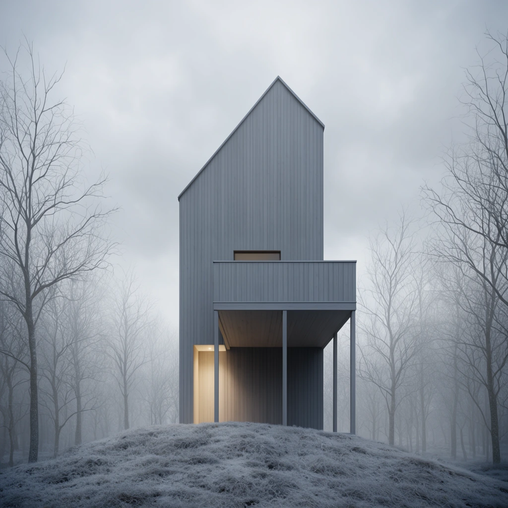 tall narrow minimalist house with asymmetrical gabled roof, vertical gray cladding, protruding balcony on slender pillars, warm yellow light glowing from recessed entrance, frosty barren mound, misty forest of bare winter trees, overcast gray sky, monochromatic cool palette, photorealistic architectural rendering