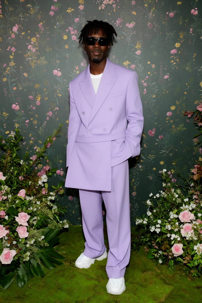 A Black man with short dreadlocks poses against a dark green wall patterned with delicate pink and yellow flowers. He wears an oversized lavender double-breasted suit over a white t-shirt, chunky white sneakers, and dark sunglasses. A unique rectangular fabric flap hangs at his waist. He stands on bright green moss framed by lush arrangements of pink roses, white blossoms, and broad foliage. Direct flash photography illuminates the crisp tailoring, contrasting sharply with the romantic, moody floral backdrop.