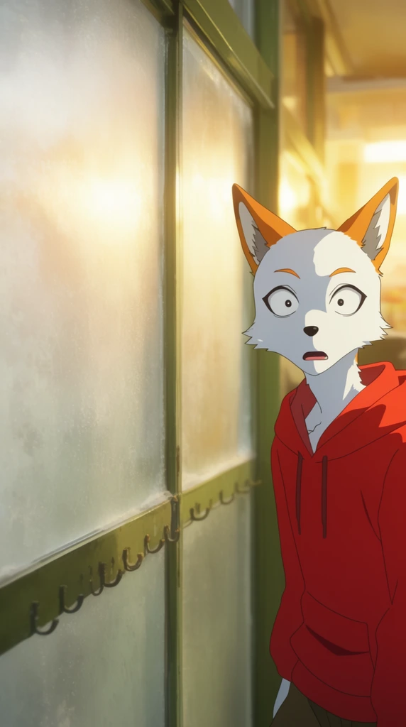 An anime-style anthropomorphic fox youth stands startled beside a frosted glass sliding door. The character features sleek white fur, orange ear tips, wide shocked eyes, and a bright red hoodie, positioned on the right. Beside him, large opaque glass panels sit in an olive-green metal frame with small hooks along the bottom. Intense, warm golden light diffuses through the glass, creating a soft bloom effect. The brightly lit, out-of-focus background completes the cinematic off-center 2D composition.