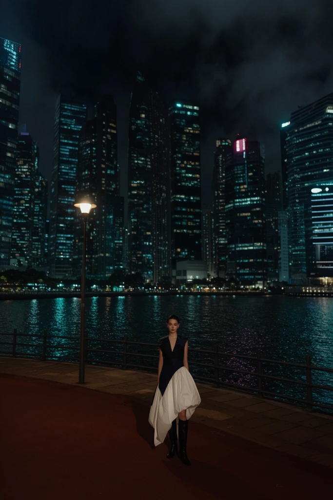 A solitary woman stands on a dark waterfront promenade at night against a backdrop of illuminated skyscrapers. She wears an avant-garde dress with a dark bodice and a voluminous white asymmetrical skirt, paired with black boots. She faces forward on a reddish paved walkway bordered by a metal railing. A lone streetlamp casts a warm glow, contrasting with cool teal reflections of the dense city skyline shimmering on the dark rippling water. The cinematic wide shot emphasizes the massive scale of the urban architecture under a cloudy night sky.