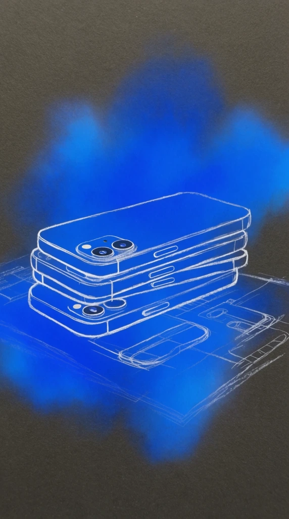 Four stacked smartphones resting on technical drawings, depicted in an ethereal, mixed-media hand-drawn style on a textured dark charcoal paper background. The stack of phones, featuring prominent dual camera lenses and tactile side buttons, is illustrated using crisp, loose, thin white chalk or pencil lines. Below the devices, the technical drawings are rendered with similar delicate, sketchy white linework. Intersecting the stark white outlines is a hazy, glowing cloud of highly saturated electric blue pigment, resembling softly rubbed soft pastel or diffuse airbrushing. The vivid blue features soft, blurred edges, creating a luminous color field that bleeds softly into the dark, slightly grainy canvas, contrasting sharply with the minimalist, high-contrast aesthetic of the stark white structural lines.