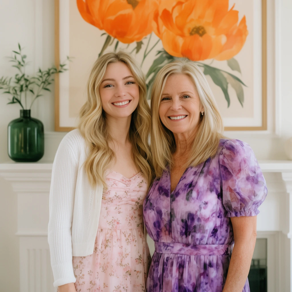 two smiling blonde women standing closely together, younger woman with wavy hair wearing a white cardigan over a light pink floral dress, older woman with straight hair in a purple watercolor floral dress with subtle puff sleeves, bright modern interior, white fireplace mantel, dark green glass vase, large framed artwork of orange flowers, soft natural lighting, shallow depth of field, warm airy portrait photography