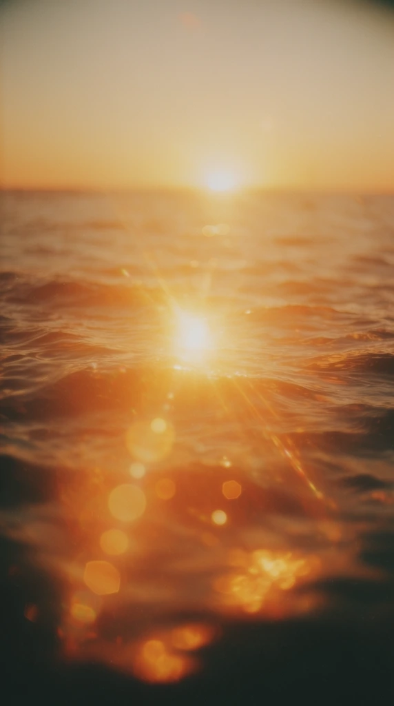 A setting sun rests low on the horizon over a vast expanse of water, casting an intense, warm amber glow across the gently rippling surface. The scene is heavily backlit by hazy golden hour light, producing a dreamy, ethereal atmosphere with radiant, blooming highlights. A very shallow depth of field blurs the immediate foreground ripples into soft, glowing bokeh orbs and dissolves the distant horizon into a highly diffused, luminous background. A brilliant sunburst dominates the center, sending distinct circular and hexagonal lens flares scattering diagonally across the lower frame. The color palette is deeply saturated with vibrant golden yellows, burnt oranges, and rich, dark shadow tones within the water's troughs. The visual aesthetic replicates vintage medium-format analog film photography, featuring a soft overall focus, subtle film grain, edge vignetting, and highly diffused light that wraps softly around the undulating contours of the water.