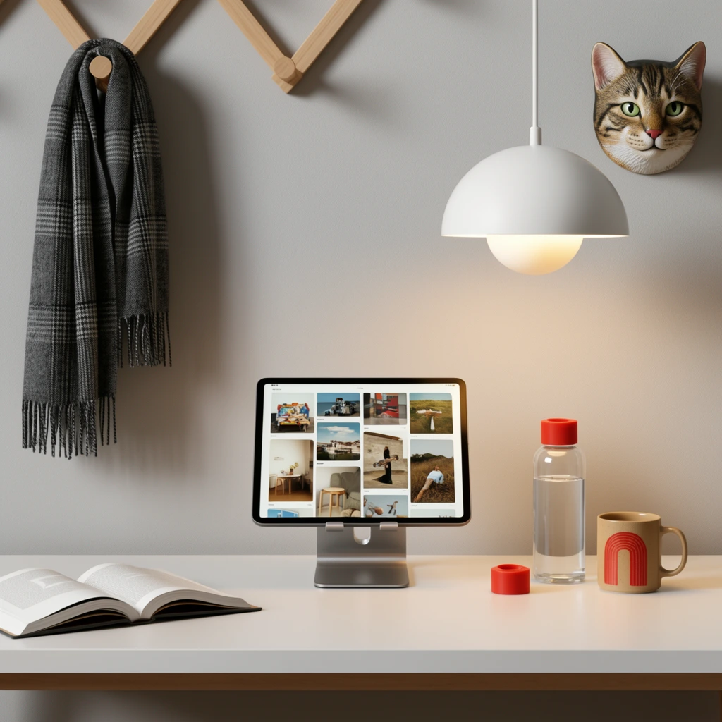 A minimalist workspace featuring a white desk against a light grey wall. In the center, a dark tablet on an elevated metallic stand displays a grid of various images. To the right sits a clear glass water bottle with a red top, a detached red cap, and a tan mug patterned with a red arch. On the left, an open book rests on the desk. Above, a white domed pendant light hangs near a mounted decorative cat head. A geometric wooden rack holds a grey plaid scarf in the upper left. The scene is captured with soft, warm interior lighting creating a calm, modern aesthetic with clean lines and balanced composition.
