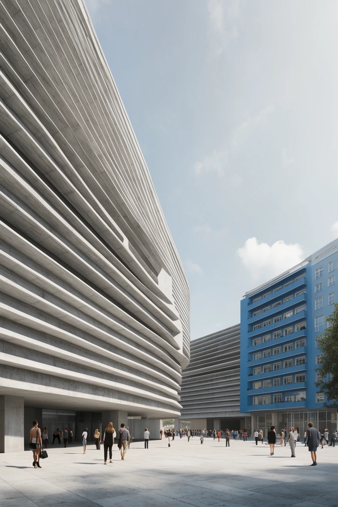 Wide urban plaza architectural rendering, massive brutalist building with sweeping horizontal concrete fins, blue multi-story structure, scattered pedestrians, bright daylight