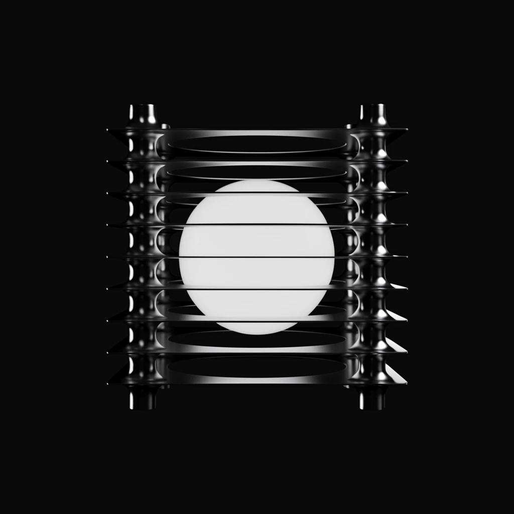 An illuminated white sphere enclosed in a symmetrical dark metallic frame of horizontal plates and ridged vertical pillars. Set against a pitch-black void, the minimalist 3D render uses striking chiaroscuro lighting to emphasize sleek industrial geometry and sharp specular highlights.