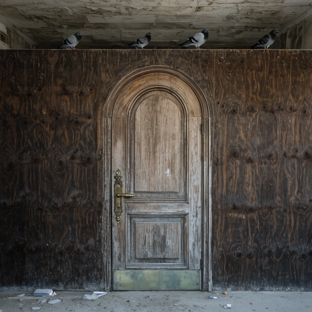 weathered arched wooden door set in a dark knotted plywood wall, ornate tarnished brass handle, metal kickplate, four pigeons perched along the top edge, unfinished interior space, exposed textured ceiling, concrete floor with scattered debris, flat architectural framing, muted earthy tones