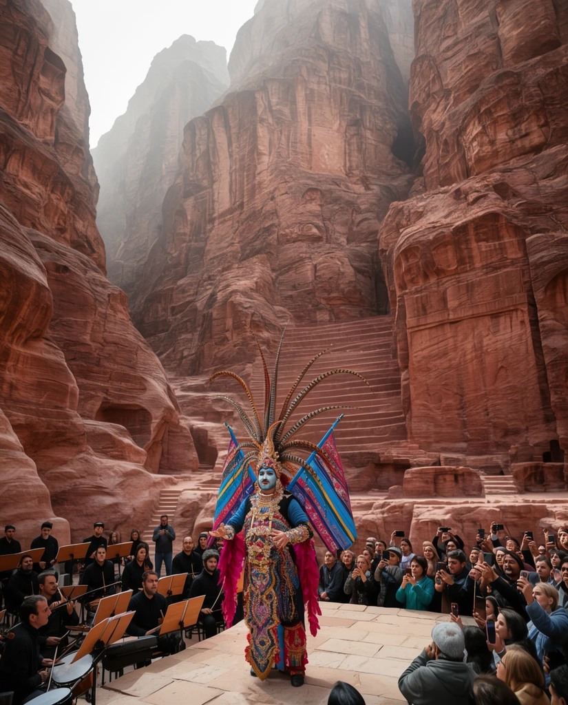 A vividly costumed opera performer with long sweeping headdress feathers and dorsal flags stands on a stone stage above spectators recording on smartphones and seated musicians. The gathering is dramatically dwarfed by colossal, sheer reddish-brown sandstone cliffs forming a narrow canyon. Stepped terraces are carved into the immense rock walls. Wide-angle photography emphasizes the monumental scale and contrasts the intricate theatrical attire against the towering ancient geology under hazy natural light.