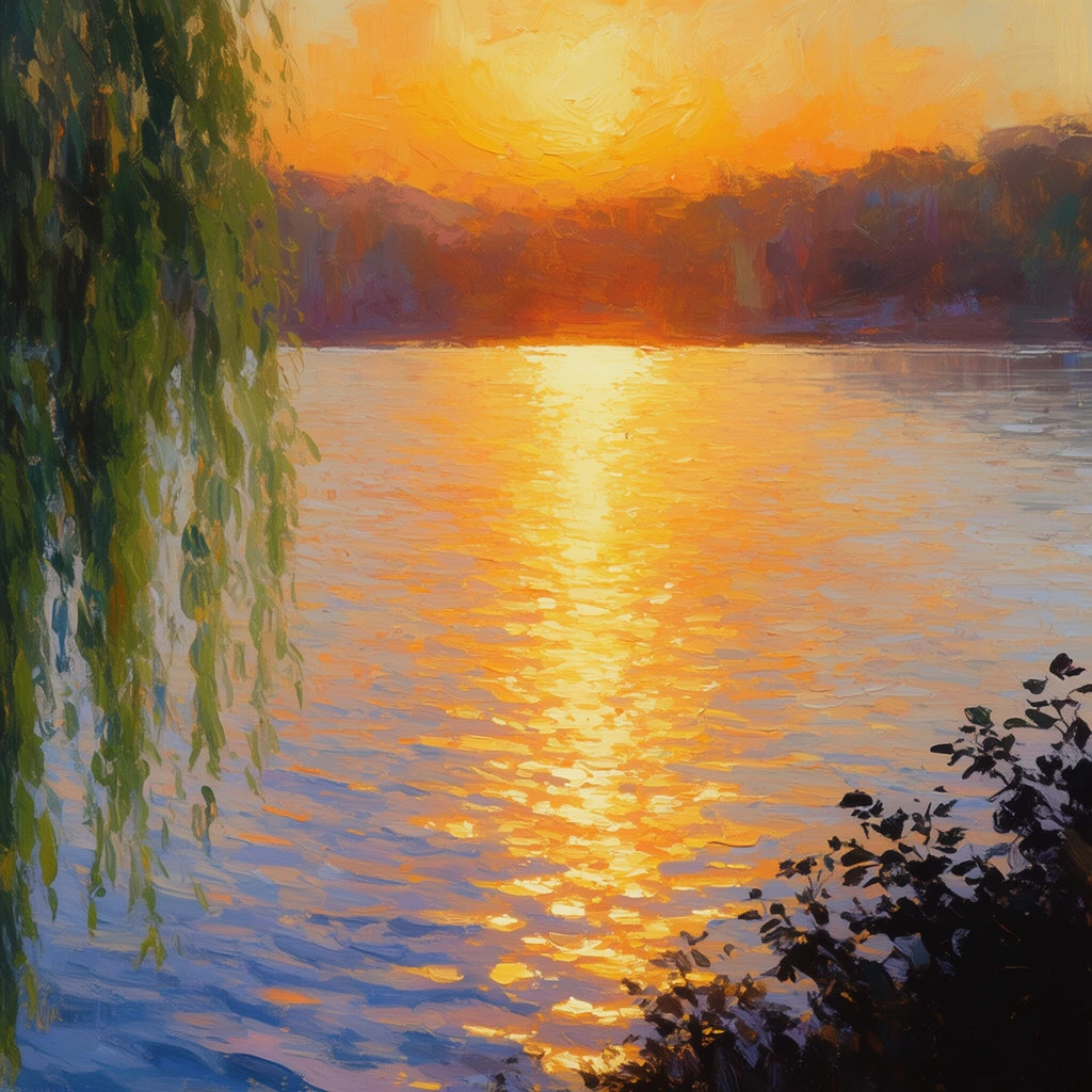 panoramic impressionist landscape painting of a sunlit lake, bright yellow and vibrant orange sunlight reflecting intensely on rippling water, cool blue and purple surface shadows, drooping green willow leaves on the left, dark silhouetted foliage bottom right, highly textured brushstrokes, warm sunset palette