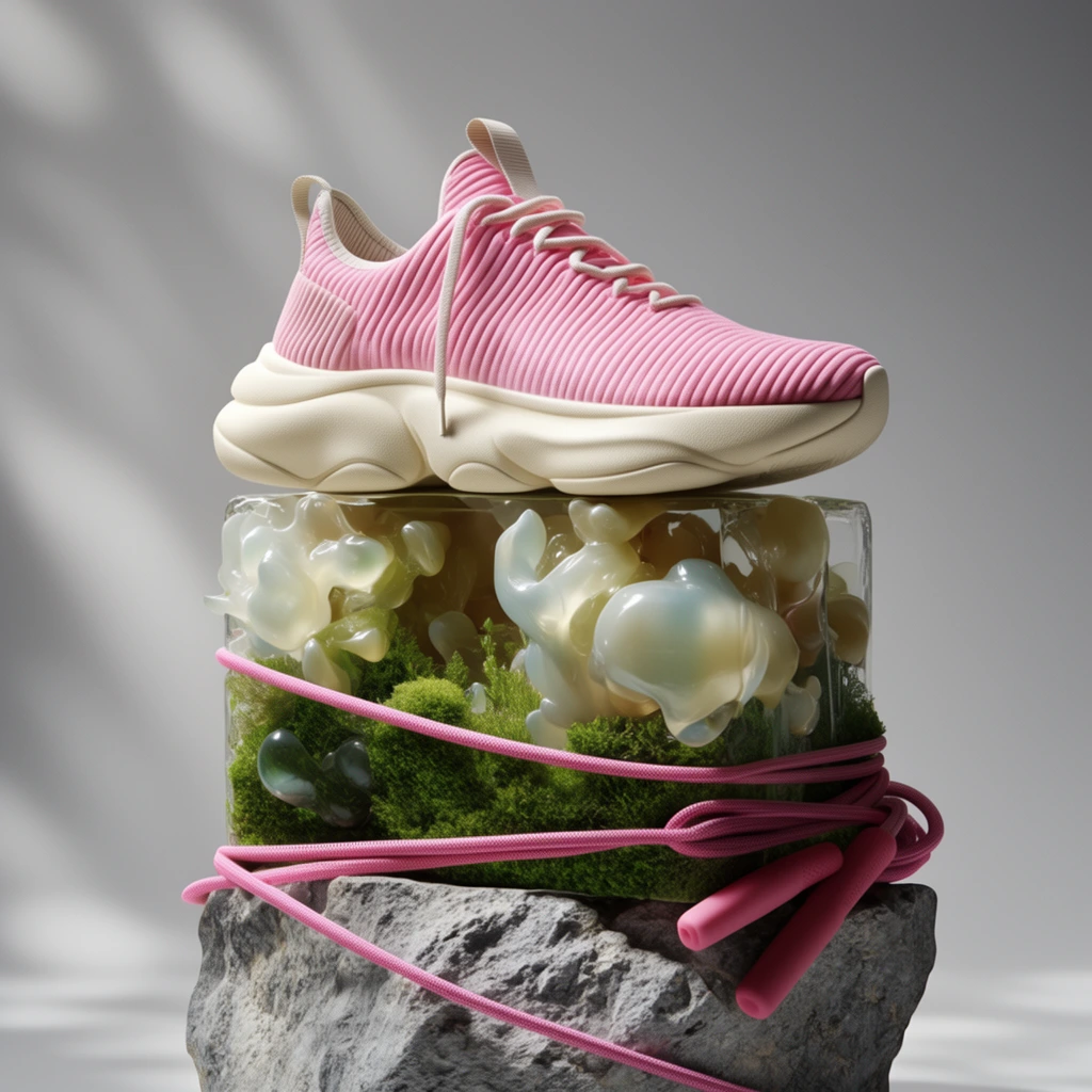 athletic sneaker with pink ribbed upper and thick cream sole, resting on a surreal mixed-material pedestal, hollow block containing green moss and glossy translucent organic forms, wrapped in a pink jump rope, rough grey stone base, minimalist grey background, soft dappled shadows, studio still life
