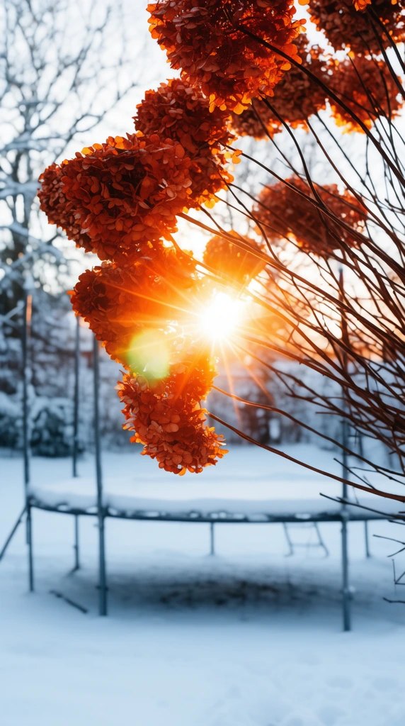 hanging dried hydrangea branches with rust-orange petals, brilliant sunburst piercing through dark intricate winter stems, snow-covered metal trampoline frame in the blurred background resting on pristine white snow, shallow depth of field, vibrant lens flare, striking contrast of warm golden light against stark winter cold