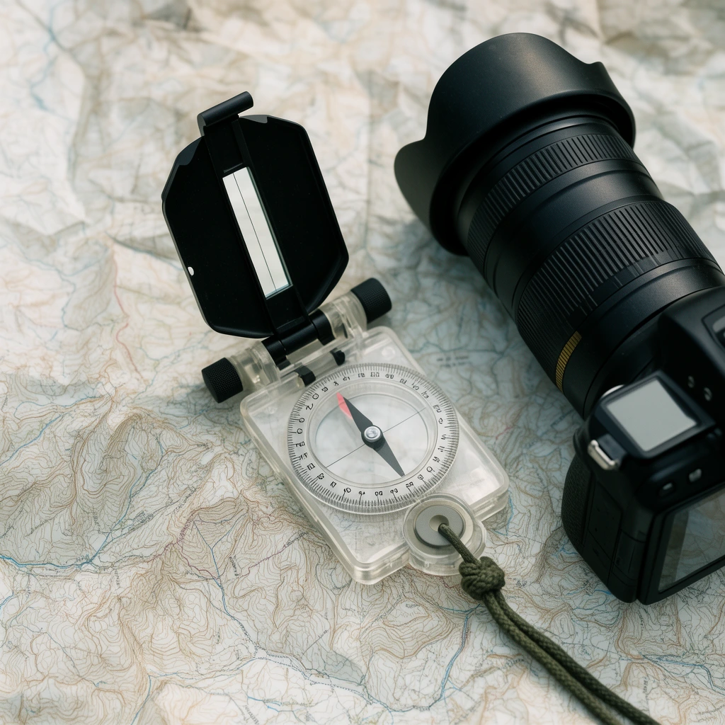 top-down flat lay of outdoor exploration gear on a folded topographical paper map, clear plastic sighting compass with a black hinged mirror and braided green cord, large black digital camera equipped with a heavy zoom lens and scalloped hood, intricate cartographic contour lines, soft diffused daylight, realistic adventure photography