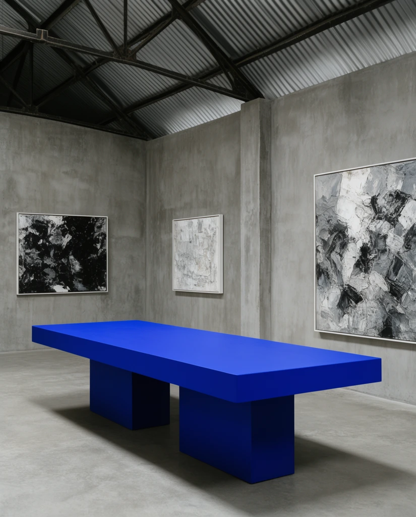Vibrant cobalt blue monolithic table with dual rectangular bases, minimalist industrial gallery interior, raw grey concrete walls, smooth concrete floor, exposed corrugated metal ceiling with dark trusses, three framed abstract textured paintings in black white and grey, diffused overhead lighting, soft directional shadows, contemporary architectural photography, brutalist aesthetic, stark geometric contrast
