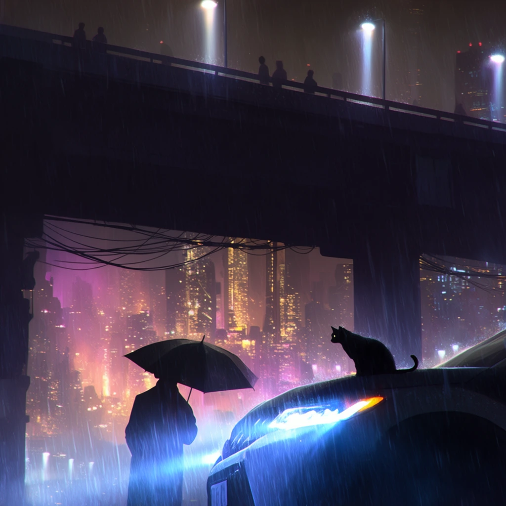 A silhouetted figure holding a dark umbrella stands beside a glowing vehicle in a rain-drenched metropolis at night. A black cat rests on the car's hood, illuminated by striking blue headlights piercing the heavy downpour. Above, a massive shadowed overpass spans the frame, bearing faint silhouettes of pedestrians under bright streetlamps that cast vertical beams through the rain. Tangled wires hang beneath the dark concrete structure. The background features a dense skyline of towering skyscrapers radiating warm golden and magenta lights through a thick atmospheric mist. This cinematic neo-noir digital painting highlights a dramatic contrast between deep, cool foreground shadows and the vibrant, glowing bokeh of the distant futuristic city.