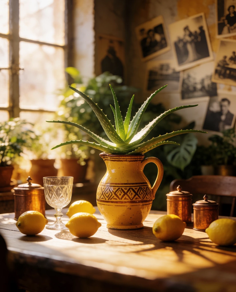 A sunlit still life features a yellow-glazed ceramic pitcher with brown geometric patterns holding a spiky aloe plant on a wooden table. Warm light from a multi-paned window highlights scattered yellow lemons, a faceted glass goblet, and small copper canisters. The shallow depth of field softly blurs lush indoor plants and a textured wall covered in vintage photographic prints, creating a cinematic aesthetic rich in amber and ochre tones.