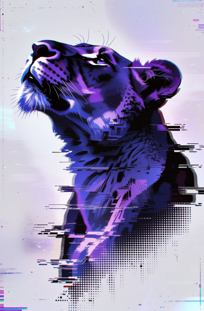 silhouette of a majestic lioness head tilted upwards, central vertical composition, heavy digital glitch art aesthetic, distorted horizontal scanlines, pixel displacement artifacts, dark violet and deep indigo color palette, high contrast moody lighting, bottom of the form transitioning into a systematic halftone dot pattern, plain background with subtle digital noise and crt texture, atmospheric digital interference, chromatic aberration, grainy pixelated finish