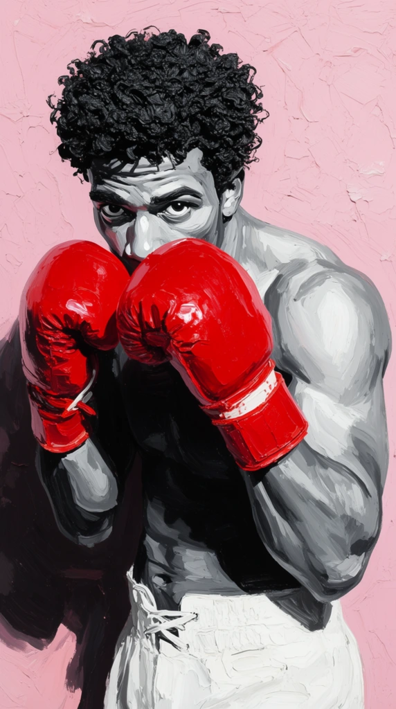 stylized contemporary portrait of a muscular male boxer, stark grayscale skin with expressive brushstrokes, intense direct stare, heavily textured three-dimensional black curly hair, glossy bright red boxing gloves held in a high defensive guard over the lower face, white boxing trunks with laces, heavily textured pastel pink stucco background, dark cast shadow on the left, high-contrast color palette, thick impasto paint application