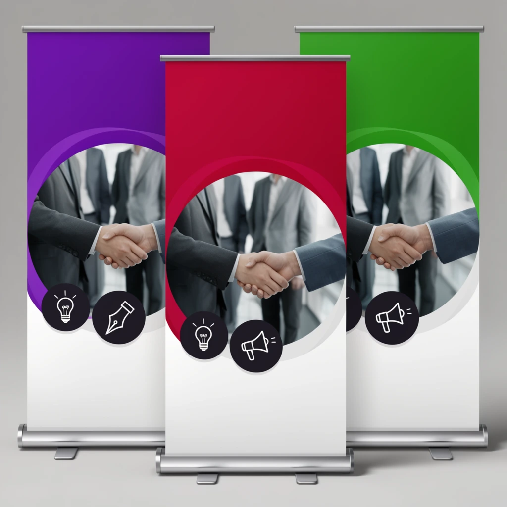 Vertical retractable banner stands arranged in three tiers against a seamless grey backdrop. Each commercial display features a split-color design with a vivid purple, crimson, or bright green upper panel and a white lower section. A prominent central circular inset reveals a photograph of individuals in business suits shaking hands. Three dark circular badges below enclose white outline icons of a lightbulb, a pen nib, and a megaphone. The sleek silver aluminum bases cast soft drop shadows on the floor under even, flat studio lighting.