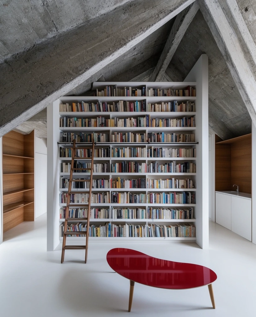 A minimalist loft interior centers on a massive white bookshelf packed with colorful books beneath an angled, exposed concrete ceiling. A wooden step ladder leans against the shelves, while a glossy red kidney-shaped coffee table with wooden legs rests on the seamless white floor in the foreground. The brutalist space features deep sloping structural beams contrasting with crisp white partition walls. Built-in wooden shelving niches and a sleek white cabinet with a small sink occupy the flanking alcoves. Diffused natural light illuminates the geometric architectural photography, highlighting the stark interplay between raw concrete textures and pristine modern surfaces.