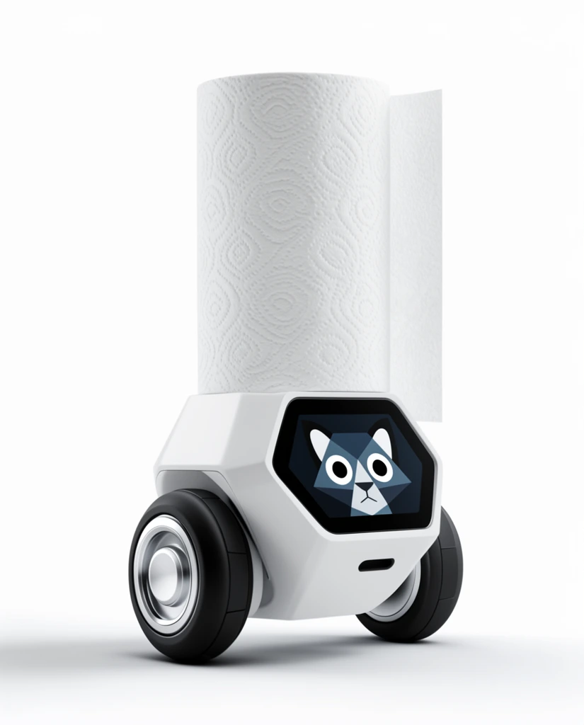 A self-balancing robot carrying a vertical roll of textured white tissue paper. The angular white body sits between two thick black wheels with metallic silver hubs. A front-facing dark hexagonal screen displays a stylized geometric animal face with large round eyes. Rendered in a minimal product photography style against a seamless white background with soft studio lighting and a subtle floor shadow.