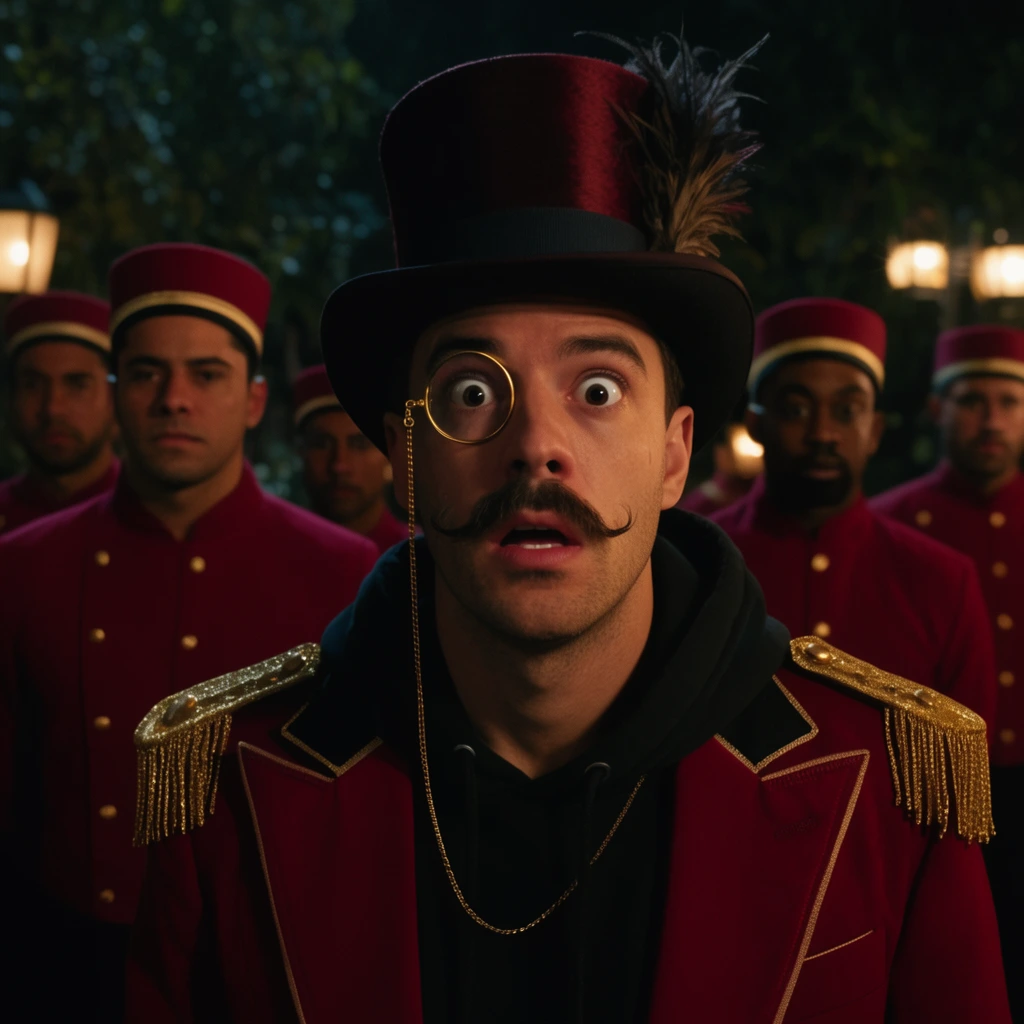 A startled man with wide eyes, a handlebar mustache, and a gold monocle wears a crimson bellhop jacket with gold epaulettes over a black hoodie and a tall feathered top hat. Behind him, several men in identical crimson uniforms and pillbox hats stand stoically in tight formation. The nighttime setting features dark foliage and warm ambient lighting from distant lanterns, casting cinematic rim light across the subjects in a medium close-up shot with shallow depth of field.