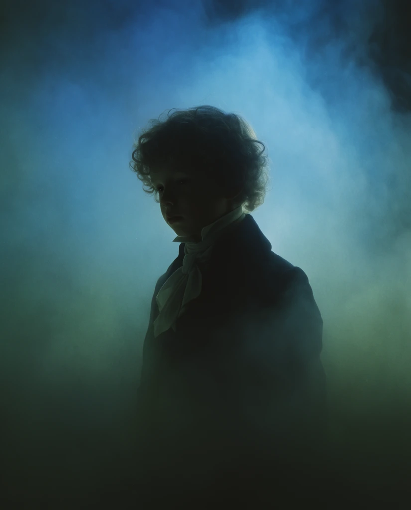 A sharply defined, heavily shadowed boy with curly hair, wearing a high collar and a cravat, his face turned looking down and to the left. He is positioned against a plain background entirely enveloped in dense, volumetric mist. The atmospheric fog glows intensely with ethereal cyan and azure blue light in the upper portion, transitioning smoothly into deep, murky teal and dark moss green shadows at the base. Diffused, luminous backlighting pierces through the heavy vapor, rendering the boy in stark, high-contrast darkness, with delicate rim lighting tracing the texture of his curls and the crisp folds of his cravat. The cinematic composition features soft-focus gradients within the illuminated smoke, contrasting distinctly with the sharp contours of the central figure, producing a moody, dreamlike aesthetic characterized by rich monochromatic color grading and subtle filmic grain.