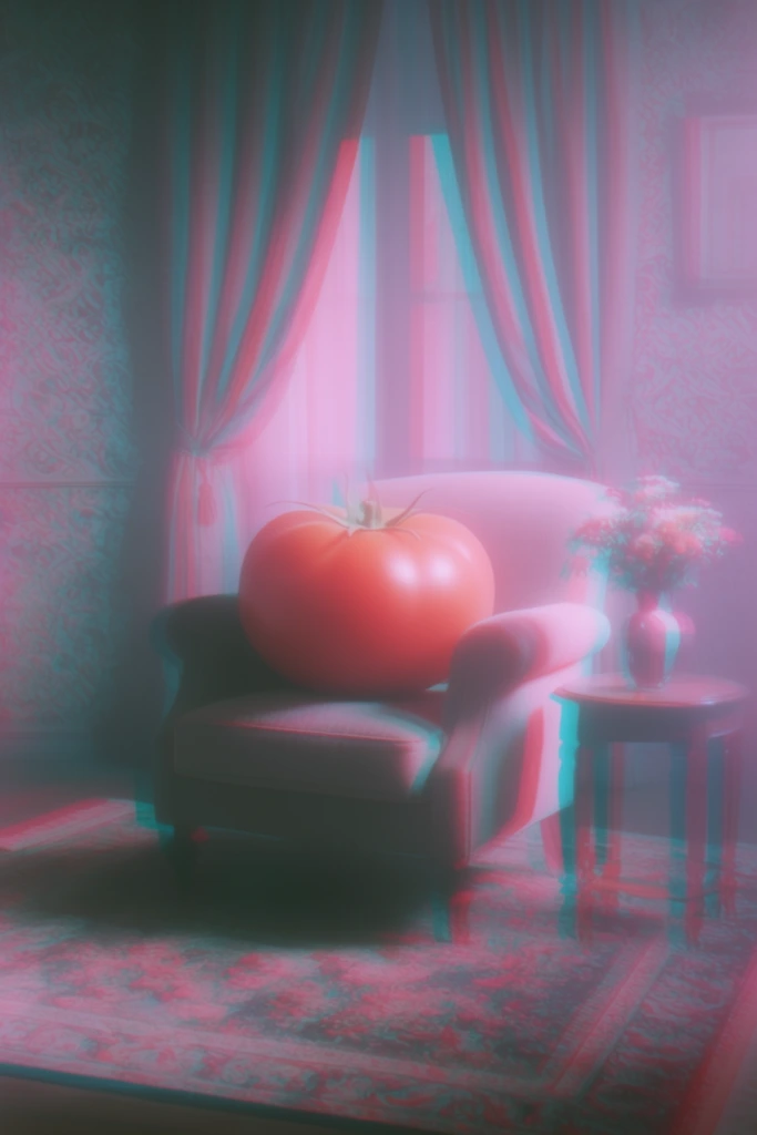 A colossal tomato rests squarely on a plush armchair within an interior space, all rendered in a surreal, hazy anaglyph 3D aesthetic. Directly behind the armchair, draped curtains frame a window, while intricately patterned wallpaper covers the walls. A small side table holding a vase of flowers stands next to the chair, and a heavily patterned rug anchors the floor beneath the furniture. The entire composition is defined by extreme stereoscopic red and cyan chromatic aberration, creating a ghosted, double-exposed visual effect along the edges of every object. The lighting is highly diffused and ethereal, bathing the scene in a glowing, washed-out color palette of soft pastel pinks, luminous magentas, and deep cyans. A thick, atmospheric haze and soft-focus blurring permeate the room, lending a dreamy, retro-futuristic, and slightly noisy texture to the stylized environment.