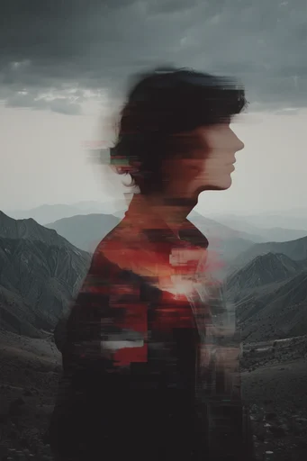 Kinetic Glitch Surrealism style reference image — double exposure