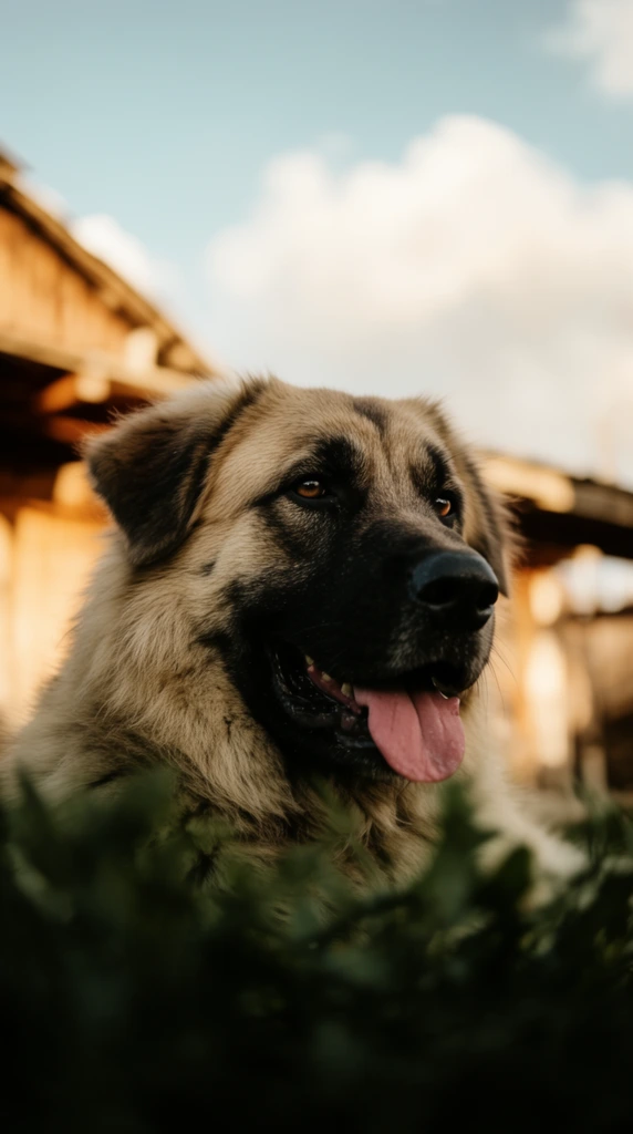 close-up low angle portrait of a large dog with a thick tan coat and dark black facial mask, panting with pink tongue exposed, gazing right, partially obscured by dark out-of-focus green foliage in the immediate foreground, heavily blurred background featuring a wooden structure bathed in warm sunlight, soft pale blue sky with fluffy white clouds, shallow depth of field, sharp focus on the dog's eyes, cinematic natural lighting, earthy tones