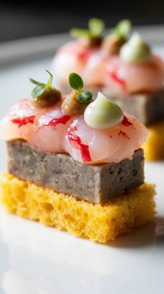 A layered canapé rests on a glossy white ceramic surface in an extreme macro shot with a shallow depth of field. The perfectly focused foreground appetizer features a vibrant, porous golden-yellow base supporting a dense, grey-brown rectangular terrine block. Translucent, pale pink raw seafood with striking bright red markings crowns the layer. Tiny dollops of brown paste garnished with delicate green micro-leaves sit on the seafood, next to a smooth, pale greenish-white drop of cream. A heavily blurred identical second portion sits in the background. Bright, directional lighting highlights the glossy texture of the seafood topping against the matte, crumbly bread base.