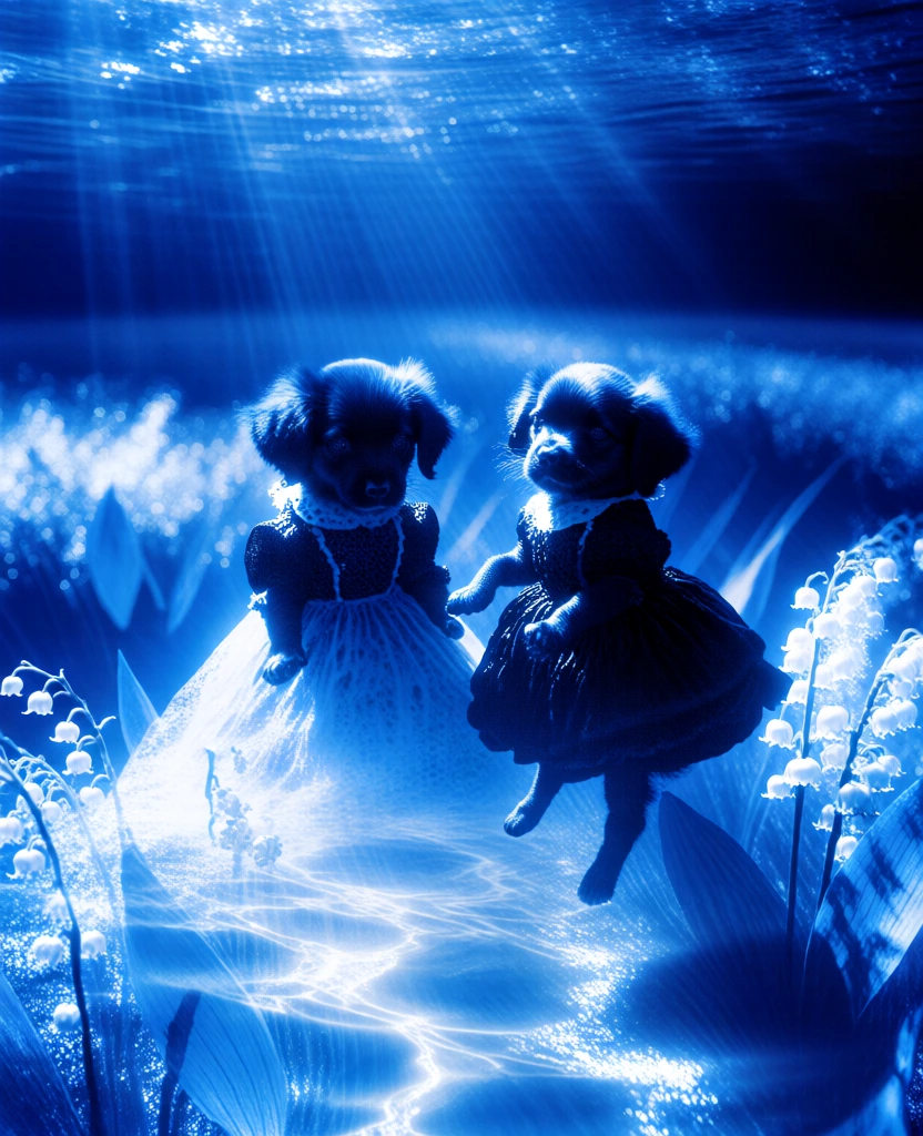 ethereal surrealism, deep electric blue and cyan monochromatic palette, high contrast dramatic lighting with shimmering caustic ripple patterns, two fluffy puppies wearing intricate vintage dresses, positioned in a dense field of lilies of the valley, soft focus bokeh background, shimmering light rays filtering from above, filmic grain texture, moody avant-garde fashion aesthetic, weightless dreamlike composition, glowing highlights on white flowers, dark dramatic shadows, cinematic atmosphere.