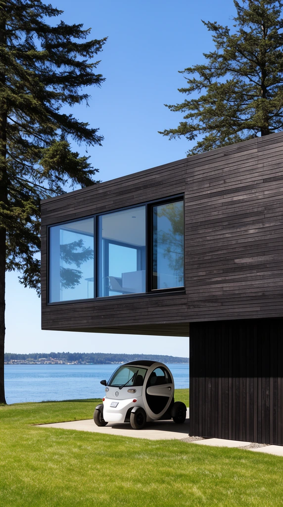 A modern two-story house with dark horizontal wood siding and large glass windows sits on a grassy waterfront lawn. A small white pod-like vehicle is parked beneath the overhanging upper floor. Tall evergreen trees frame the calm blue bay under a clear sky in crisp architectural daylight.