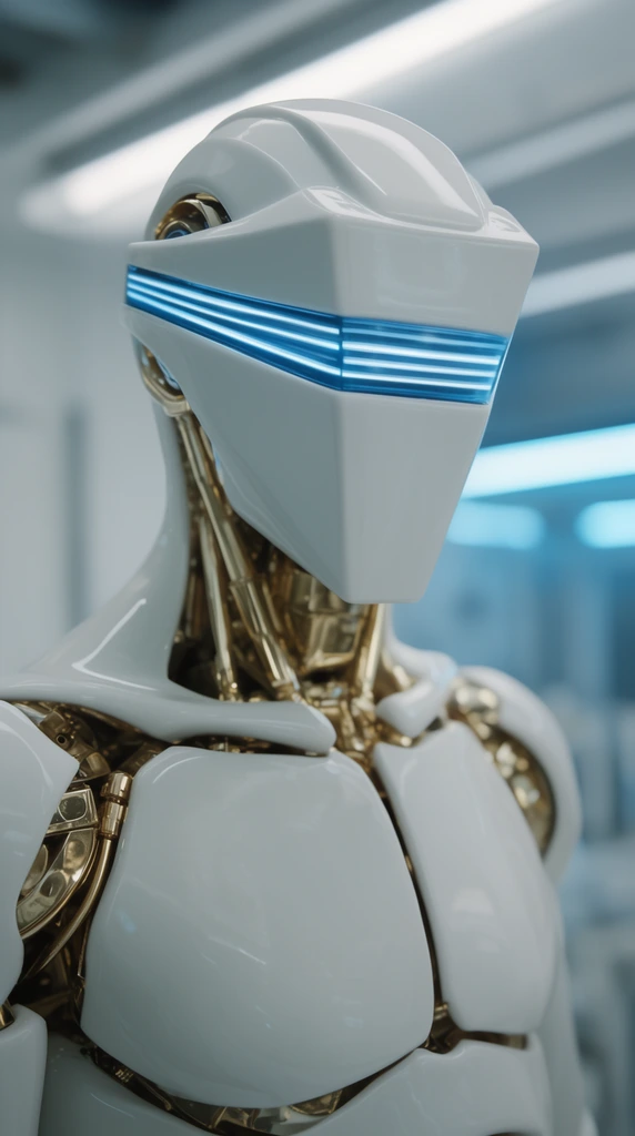 A close-up of a sleek, white ceramic android featuring a faceless geometric visor with glowing blue horizontal light strips. The humanoid torso is constructed of smooth, unblemished white panels connected by polished gold mechanical joints. The figure stands in a sterile, brightly lit laboratory with out-of-focus white and blue neon lighting in the background. Cinematic close-up, photorealistic detailing, shallow depth of field.
