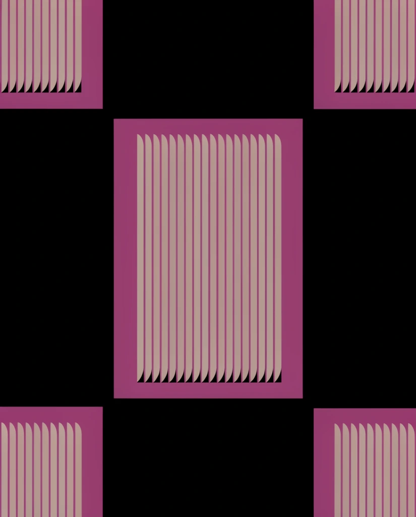 Five flat magenta rectangular panels rest on a solid black background, featuring one full central panel surrounded by four cropped corner panels. Each displays a dense rhythmic pattern of exceptionally tall, narrow beige vertical stripes with curved ends. A small black geometric shape anchors the bottom right of each stripe pattern. The minimalist graphic composition features high color contrast and strict vertical alignment.