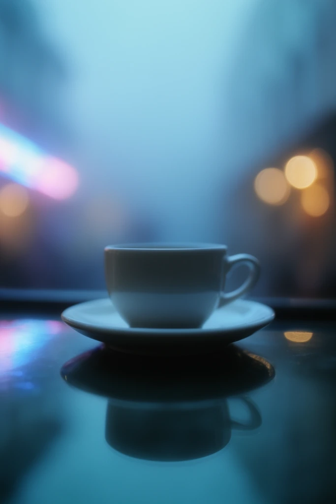 white ceramic coffee cup and saucer on a glossy reflective surface mirroring the cup, heavy cool-toned blue fog, shallow depth of field, out of focus warm golden bokeh lights, blurred faint pink and blue neon streaks, moody atmospheric photography, soft focus lens, cinematic lighting