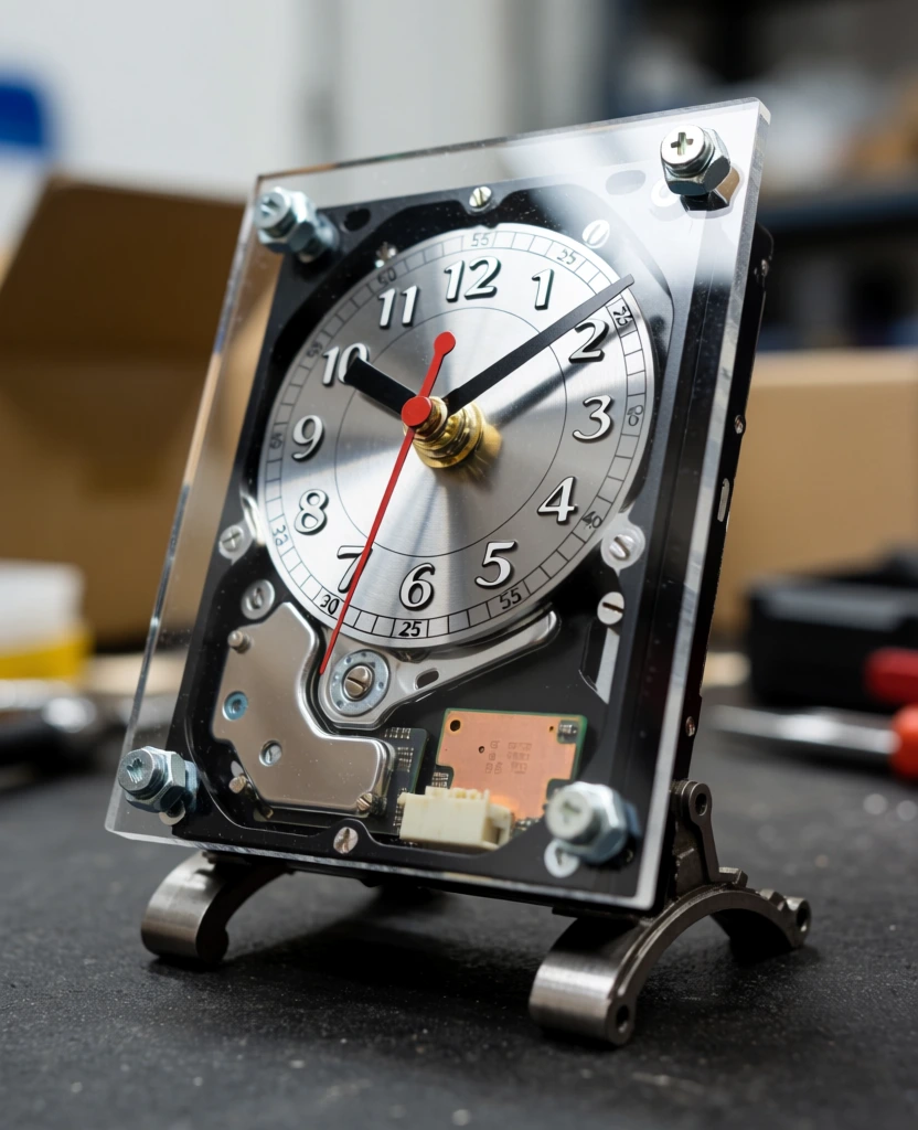 A unique tabletop clock constructed from repurposed computer hard drive components and transparent acrylic plates stands on a dark, textured surface. The clock features a circular metallic dial with silver Arabic numerals from "1" to "12" in a serif font, though the number "9" is partially obscured by the hand. An outer track on the dial displays smaller numbers including "5", "10", "15", "20", "25", "30", "35", "40", "45", "50", "55", and "60". Three hands extend from a central gold-colored cap: a short, thick black hour hand, a longer black minute hand, and a thin, vibrant red second hand. This mechanism is housed within a black rectangular frame, which is covered by a square, clear acrylic sheet fastened at each corner with silver screws and nuts. Below the dial, various internal hard drive parts are visible, including polished silver metallic plates, a small copper-colored circuit board with faint markings, and a beige plastic connector. The entire assembly is supported by two curved metallic feet made from recycled mechanical parts, resting on a grainy, dark gray surface. The scene is captured from a low three-quarter angle with a shallow depth of field, causing the background of a cluttered workspace with cardboard boxes and workshop tools to appear softly blurred. Diffused indoor lighting highlights the reflective surfaces of the metal and acrylic, emphasizing an industrial and mechanical aesthetic dominated by a palette of silver, black, and gray with sharp red and gold accents.