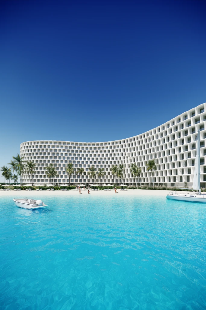 A multi-story white resort building curving along a vibrant turquoise lagoon. The structure features a rigid, repetitive honeycomb grid facade of recessed square windows. Slender palm trees stand along the pristine white sand beach in front of the architecture. The foreground is filled by rippling, brilliant light blue water. A small white motorboat floats on the left and a sailboat sits on the right. Tiny figures gather near white lounge chairs and sun umbrellas at the water's edge. The scene is bathed in intense, direct daylight under a flawless gradient blue sky, rendered as a crisp, hyper-realistic architectural visualization with highly saturated colors and expansive wide-angle framing.