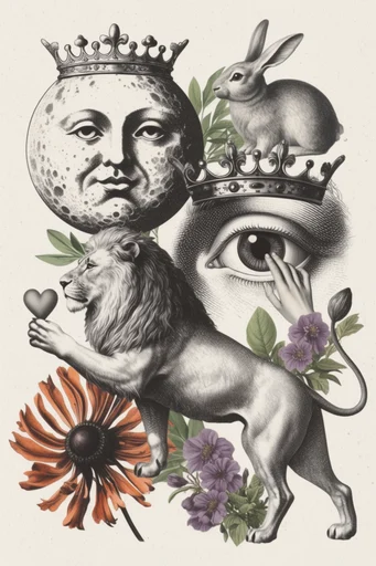 Surrealist Vintage Collage style reference image — engraving texture