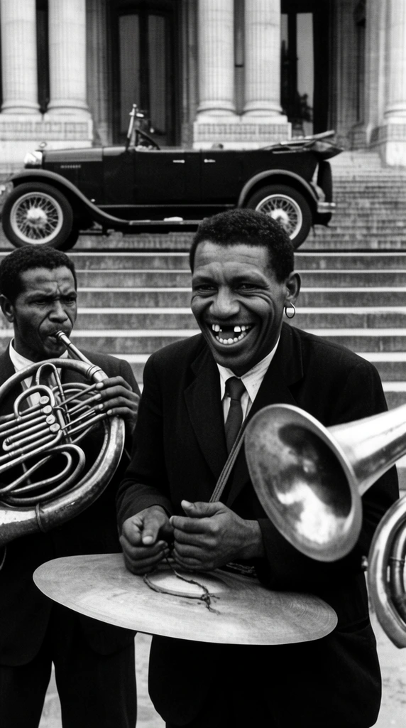 Two street musicians perform outdoors in a high-contrast black-and-white documentary photograph. In the foreground, a beaming man in a dark suit sports a wide, gap-toothed grin and a hoop earring, holding a horizontal metal cymbal strapped to his waist. Beside him to the left, another man intensely plays a large coiled brass horn. The flared bell of a third brass instrument intrudes into the right foreground. Wide stone steps leading up to a grand columned building and a parked vintage open-top car with wire-spoke wheels occupy the softly focused background.